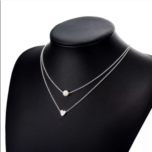 Double Chain Heart & Pearl Statement Necklace - Picture 2 of 3